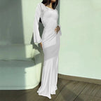 Satinklänning Dam Maxi | Eleganta Fläktarmar & Snörning