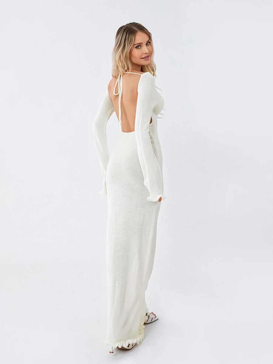 Stickad bodycon-klänning med knytdetalj och volangkant