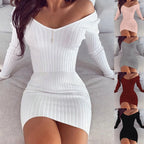 Stickad Bodycon Klänning Dam | V-ringning & Sträckig Passform